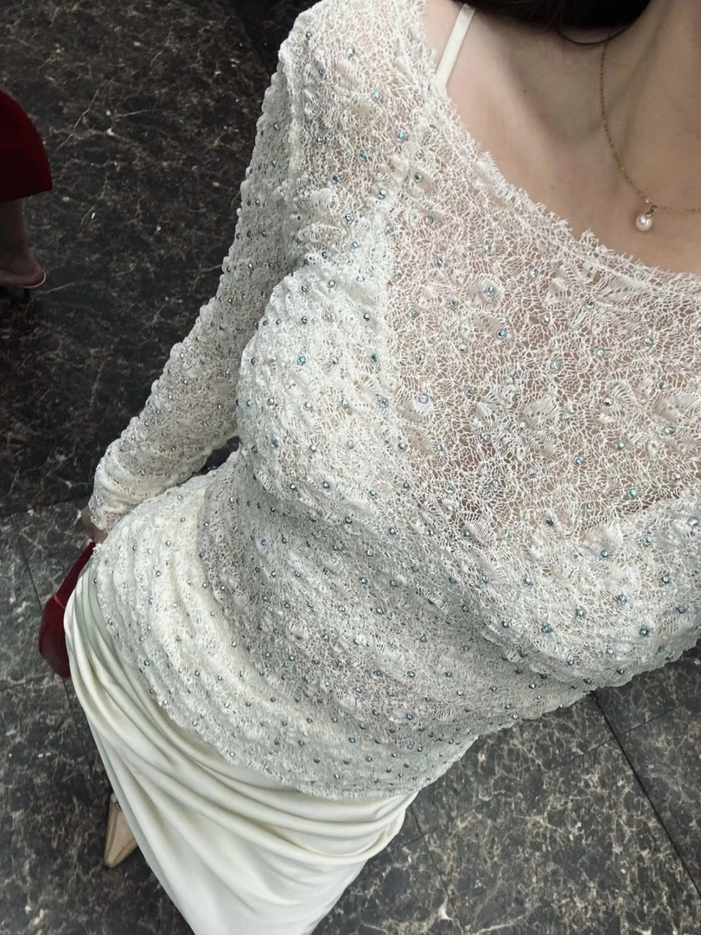 ZARA Rhinestone Lace Sheer Long Sleeve Top Ivory S